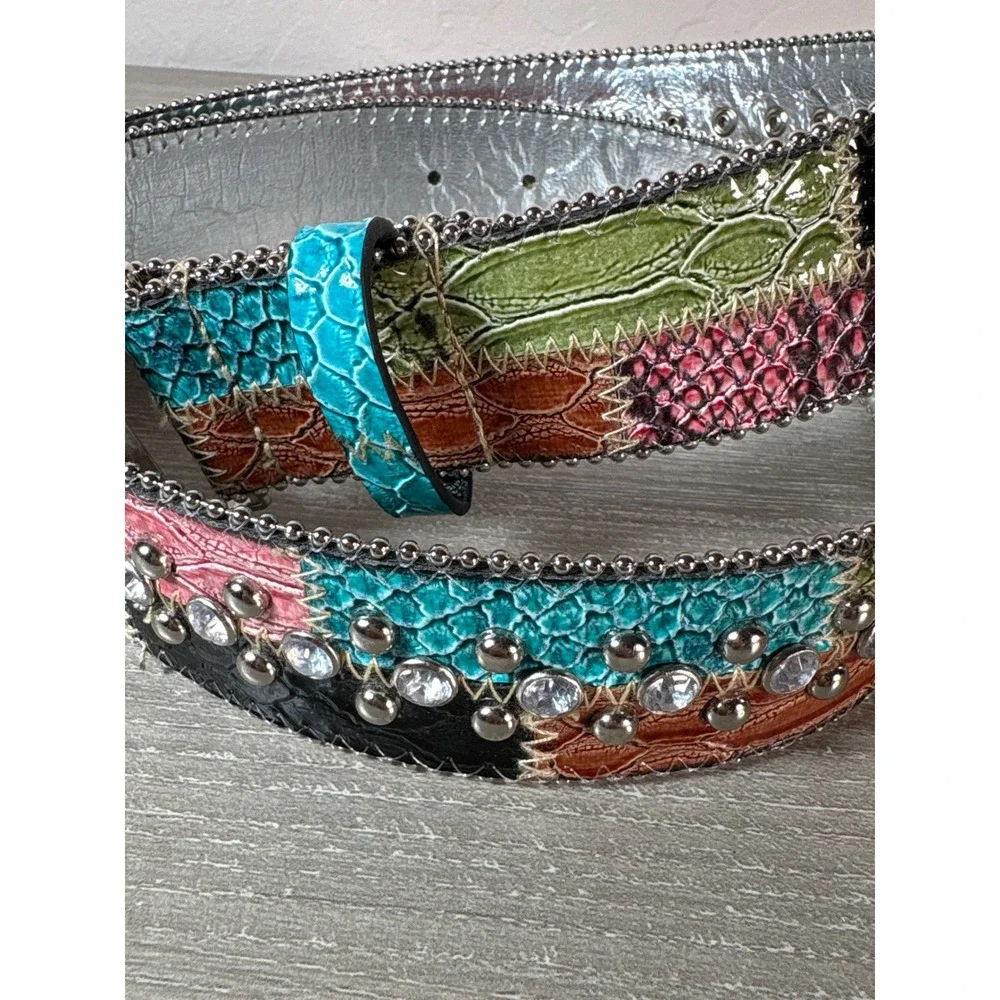 Guess Womens Y2K Patchwork Faux Snakeskin‎ Studded Rhinestone Belt Multi Color M